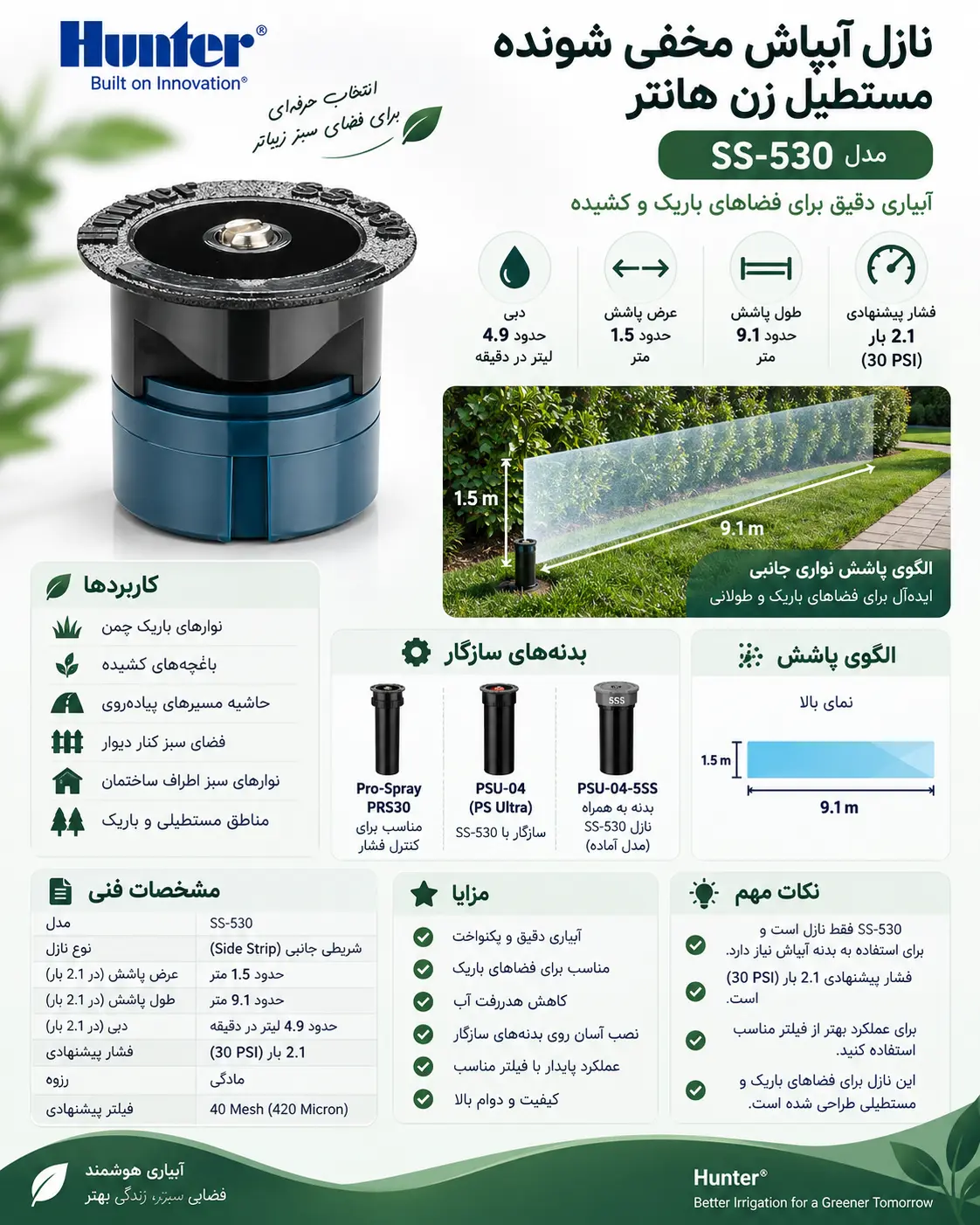 عکس نازل آبپاش مخفی شونده مستطیل زن هانتر مدل SS – 530